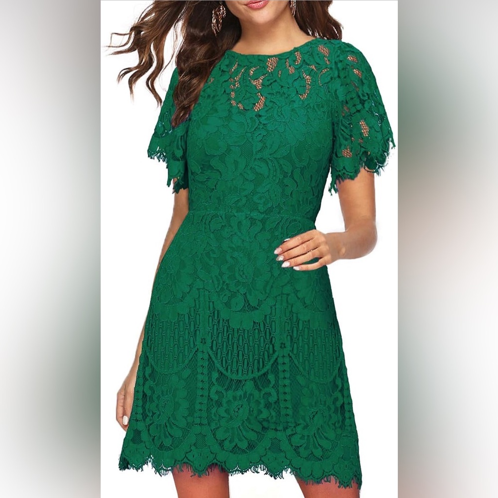 MSLG Elegant Round Neck V-Back Wedding Guest Floral Lace Party A Line Dress